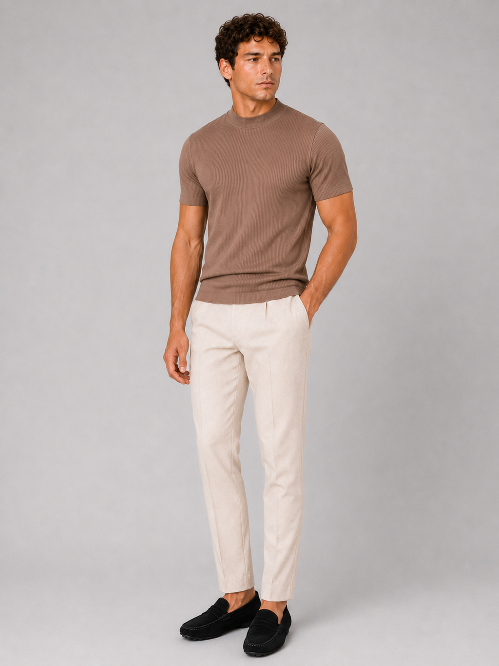 Brown fitted mock neck t shirt for men breathable ribbed fabric casual summer wear