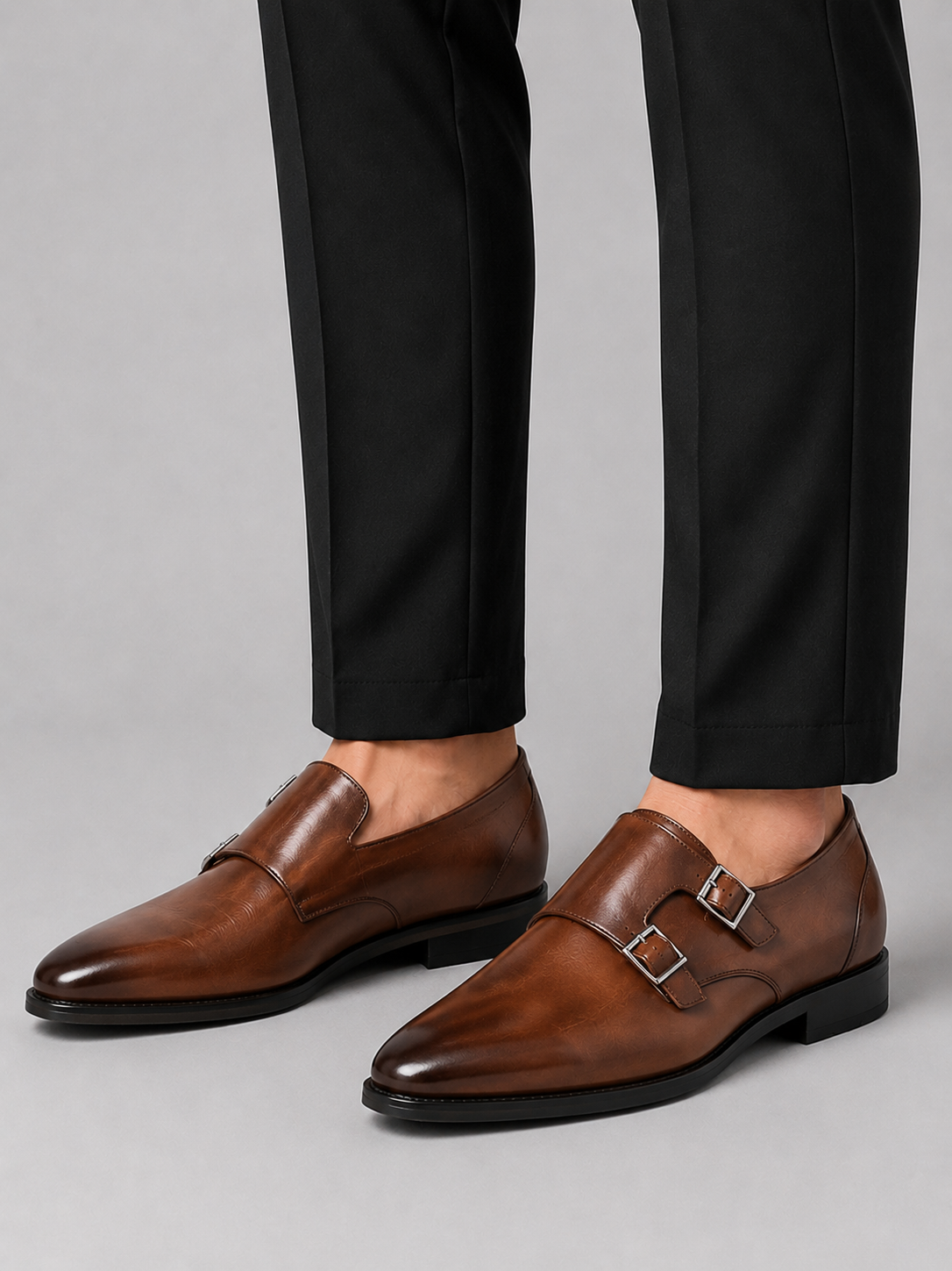 Men wearing brown monk strap dress shoes pointed toe leather formal oxfords for business wear