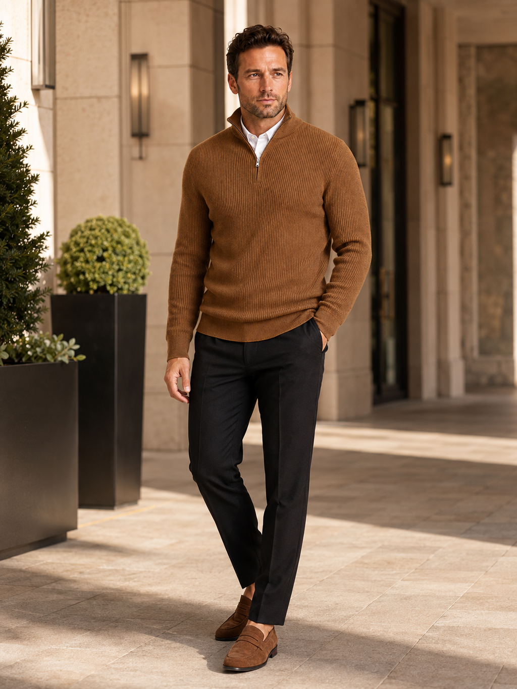 Man wearing a brown slim fit quarter zip mock neck sweater in a warm everyday winter outfit