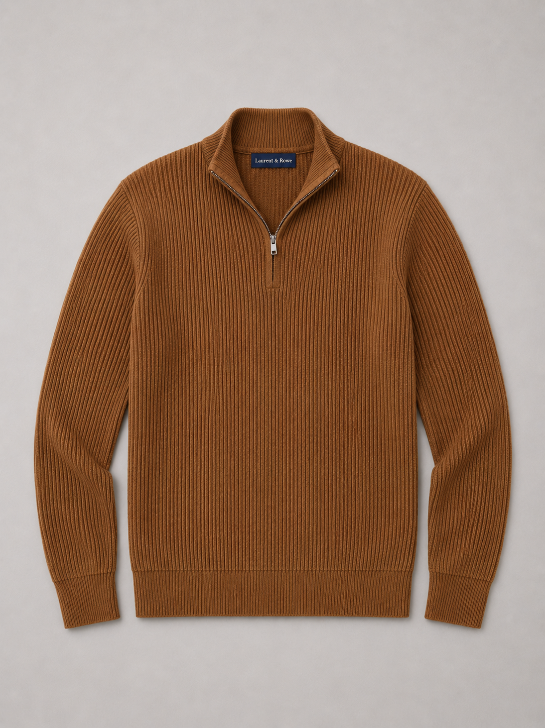 Brown men’s slim fit quarter zip mock neck sweater displayed on a plain background