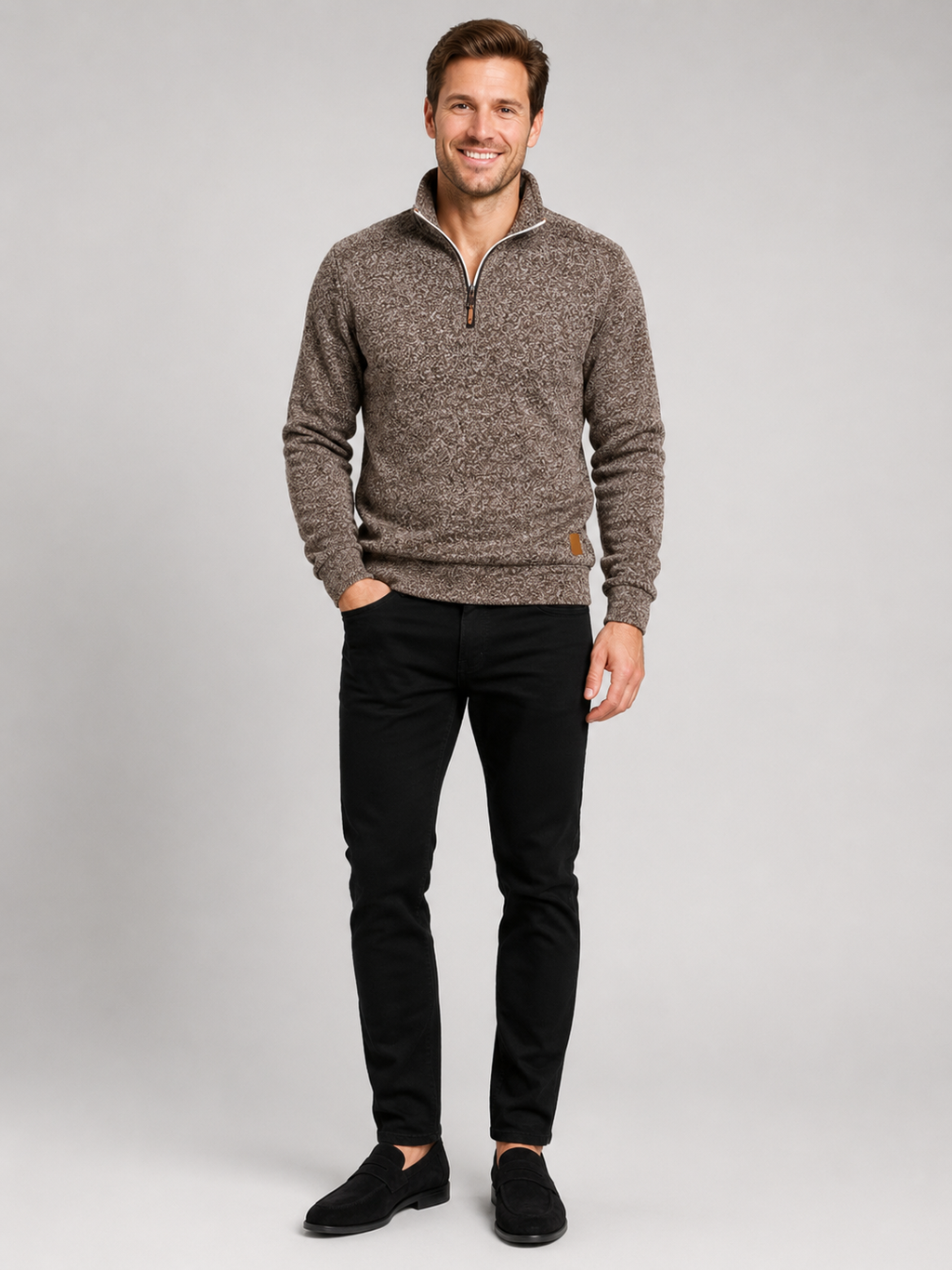 Brown quarter zip sweater for men long sleeve fall pullover for casual and everyday wear