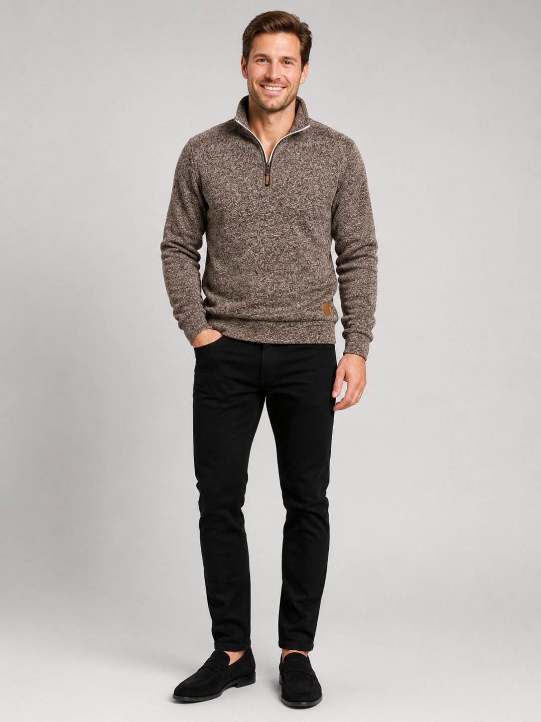 Brown quarter zip sweater for men long sleeve fall pullover for casual and everyday wear