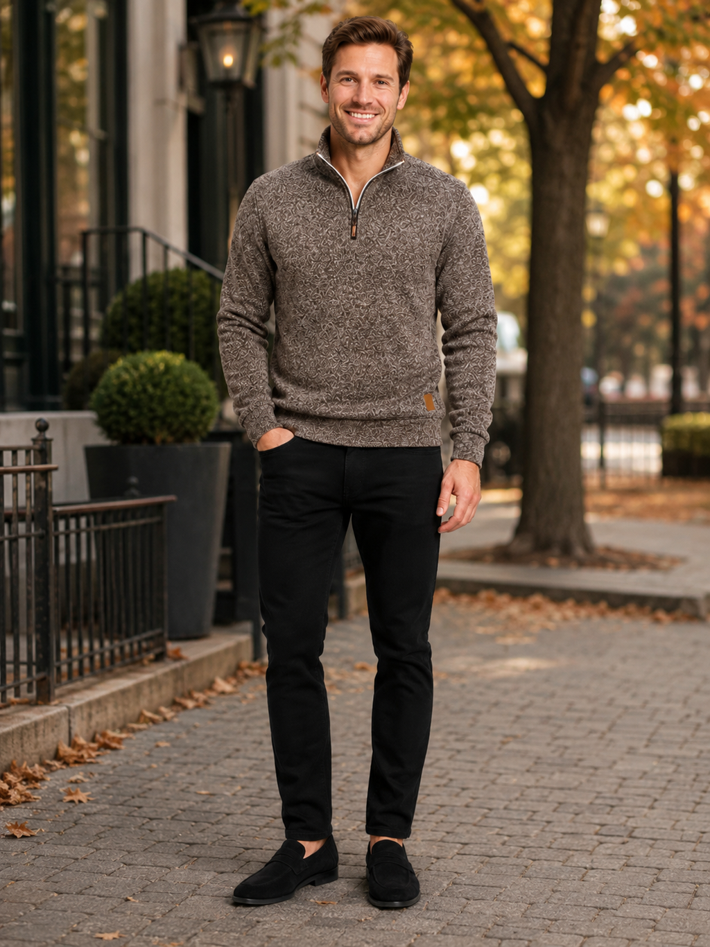 Man styling brown quarter zip sweater in a relaxed everyday and sportswear lifestyle outfit