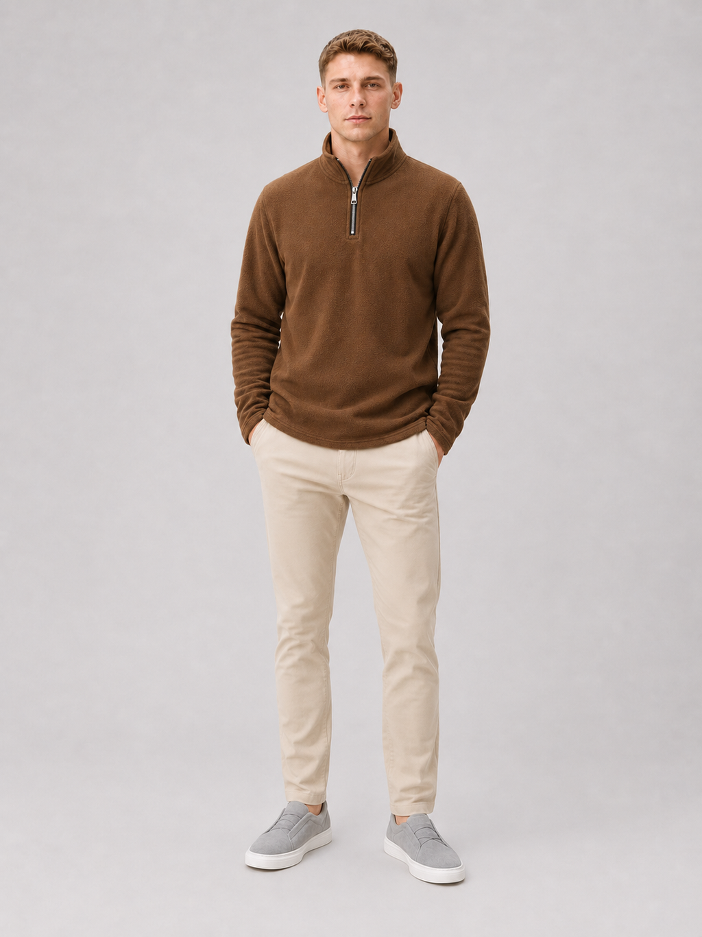 Brown quarter zip sweater for men thick warm winter layer for outdoor and everyday wear