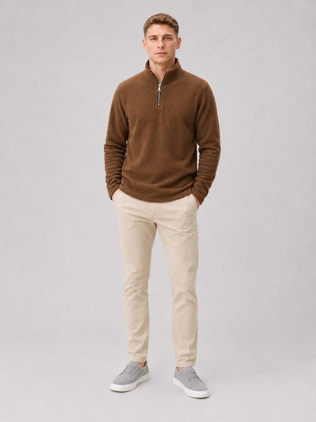 Brown quarter zip sweater for men thick warm winter layer for outdoor and everyday wear
