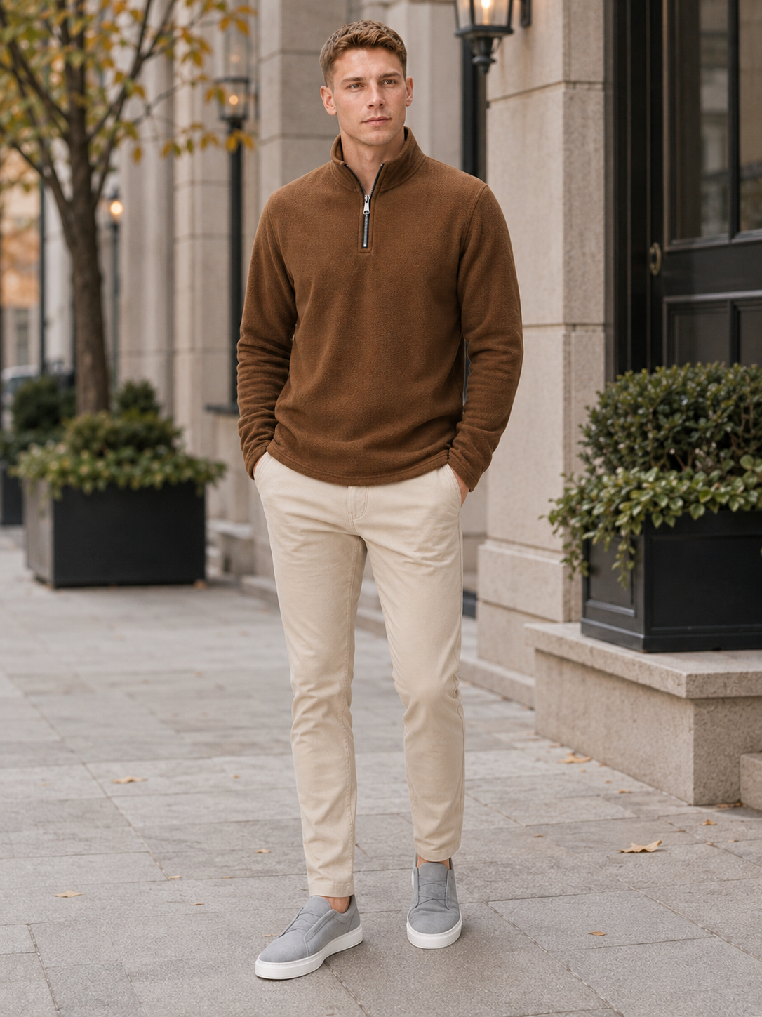 Man styling brown quarter zip fleece sweater in a warm outdoor and winter lifestyle outfit