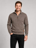 Men wearing brown quarter zip sweater stand collar long sleeve fall sportswear casual style