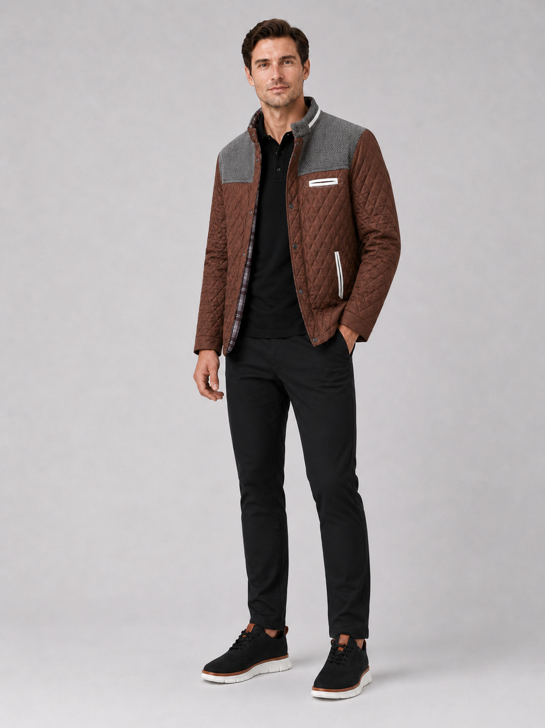 Brown quilted jacket for men lightweight fall outerwear for everyday and travel wear