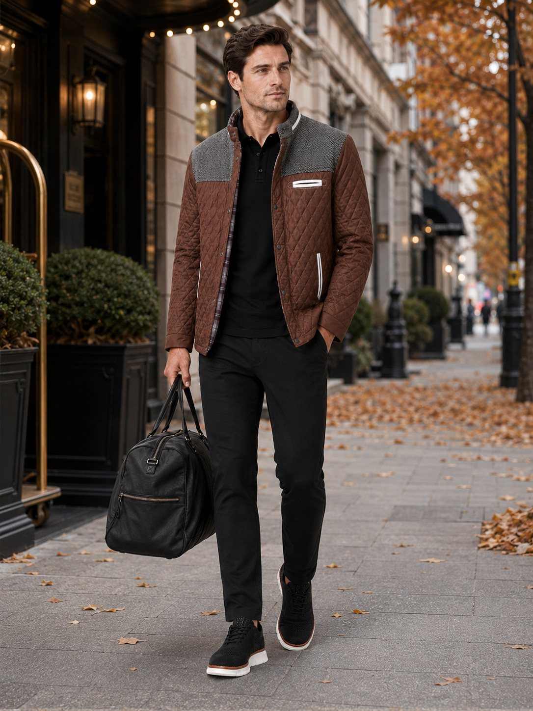 Man styling brown quilted jacket in a refined travel and everyday lifestyle outfit