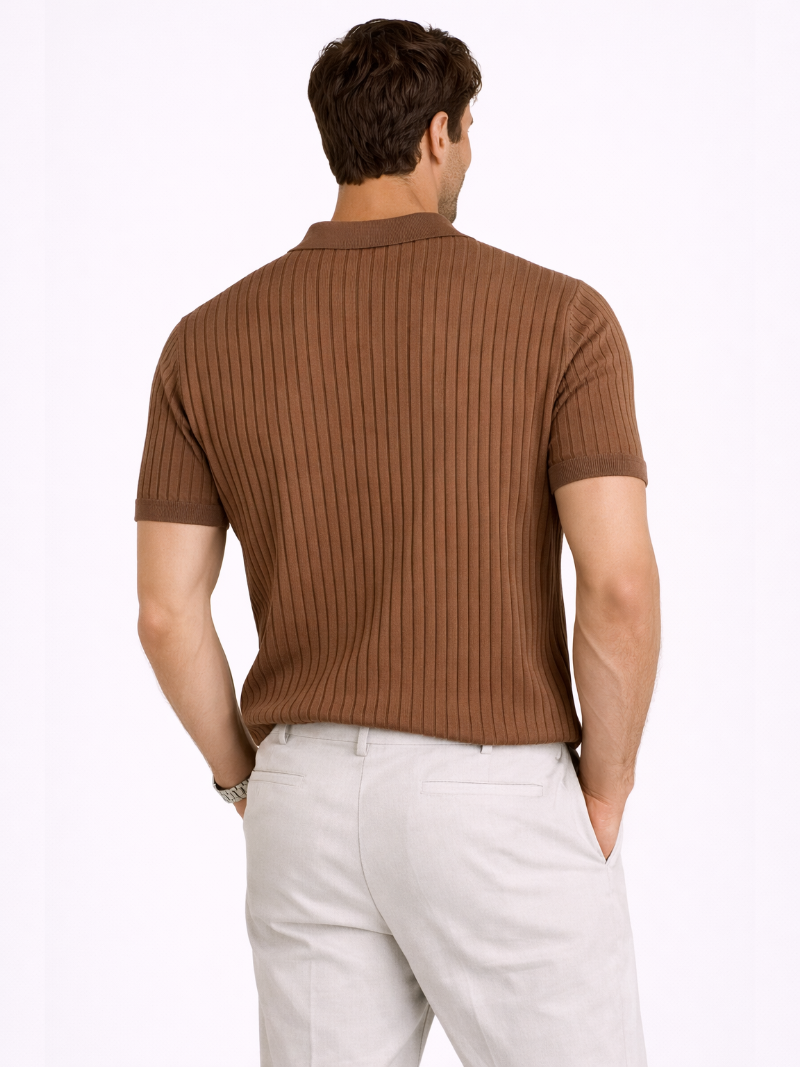 Chocolate brown ribbed knit polo shirt men premium lightweight summer style elegant fit