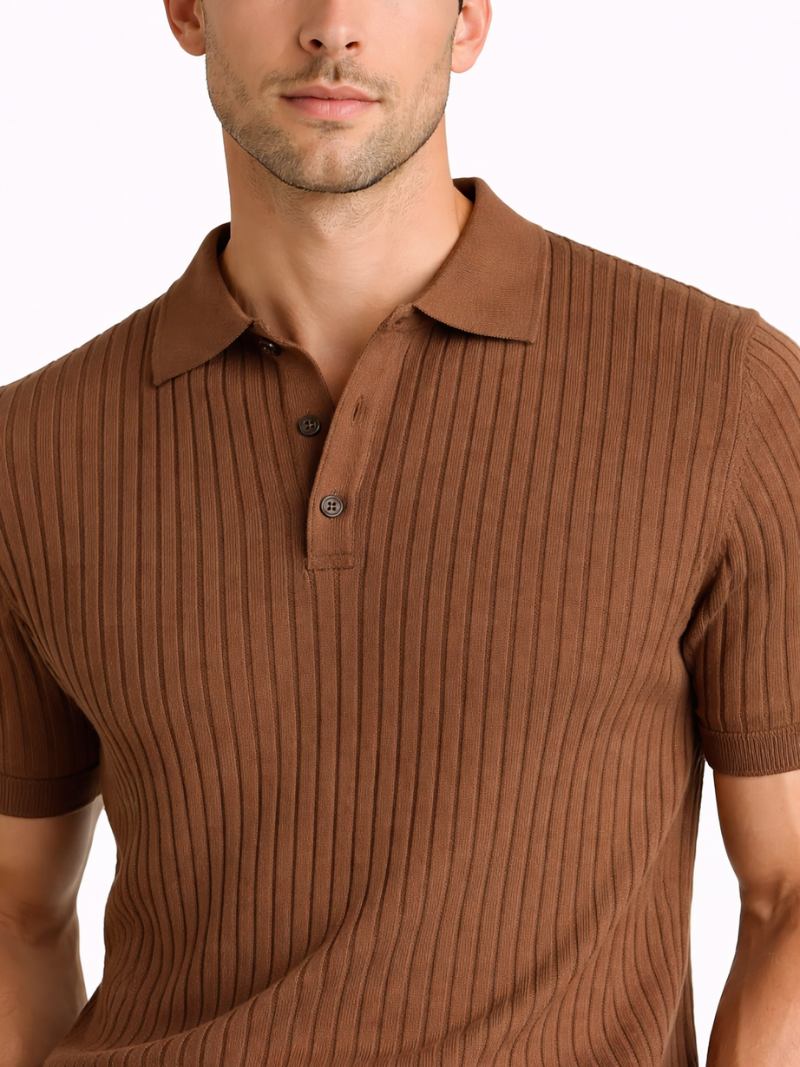 Men’s brown ribbed knit polo tailored fit breathable summer essential refined casual outfit