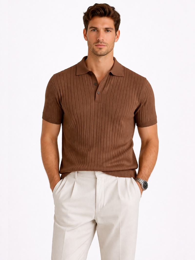 Brown ribbed knit polo for men refined summer style lightweight breathable luxury shirt
