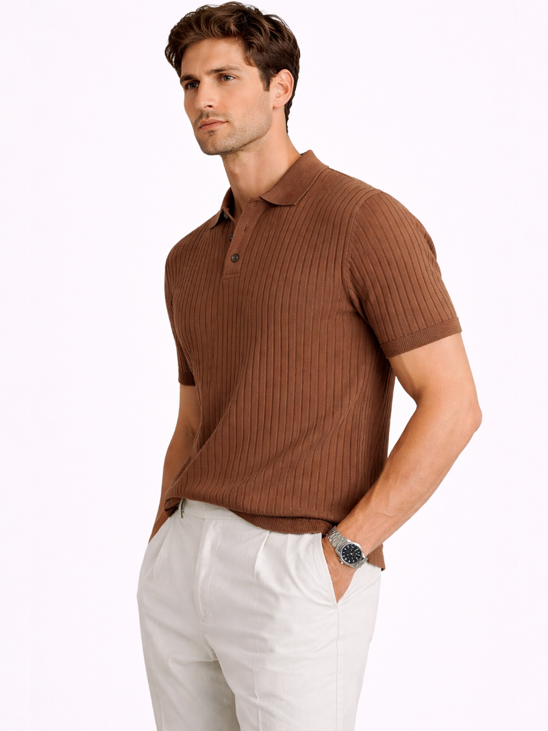 Brown luxury ribbed knit polo men breathable structured summer clothing refined look