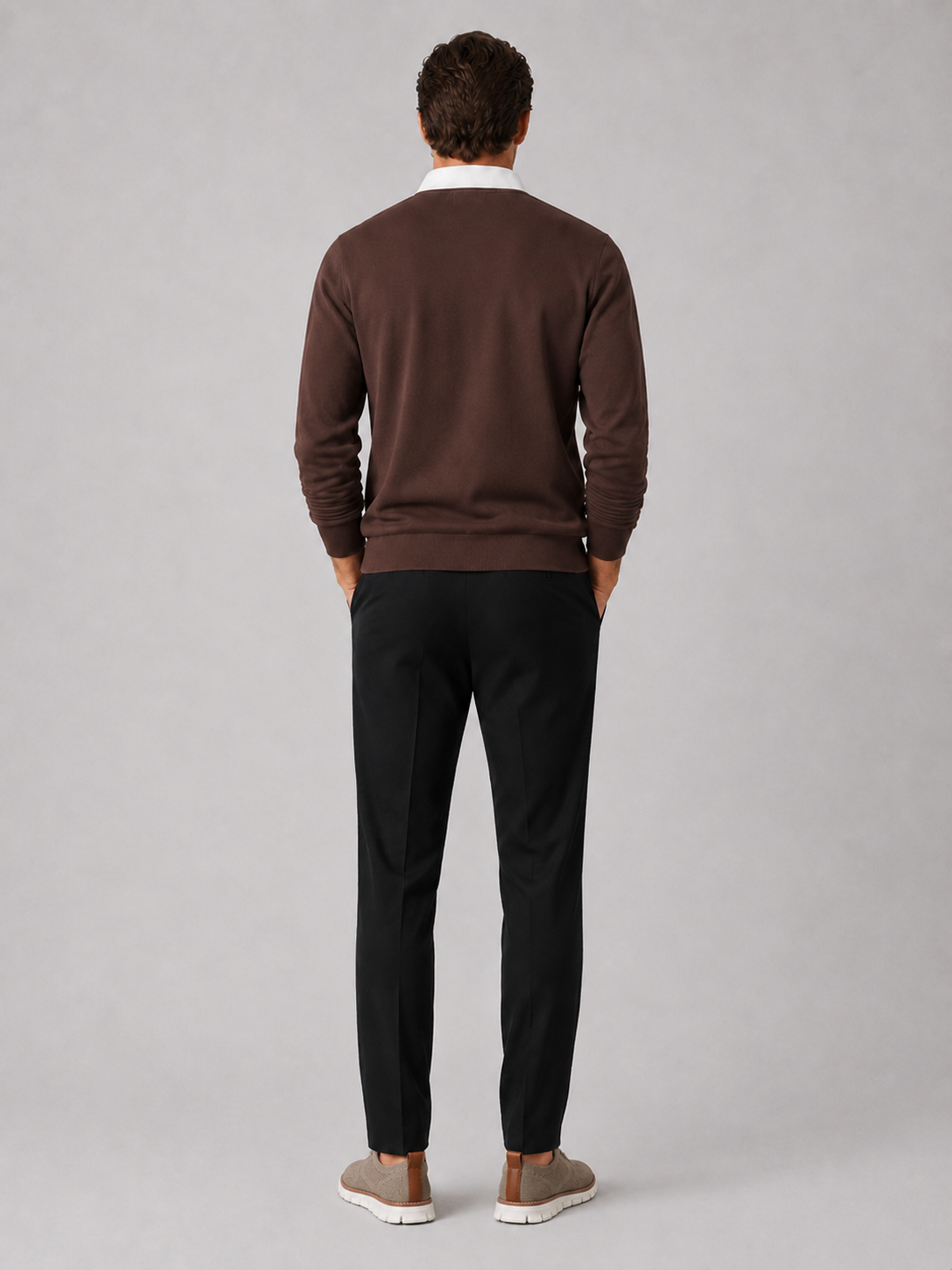 Men’s brown knit rugby shirt comfortable casual top for business casual and weekend outfits