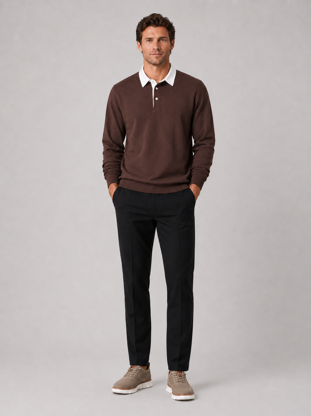 Brown rugby polo shirt for men long sleeve loose fit top for everyday wear