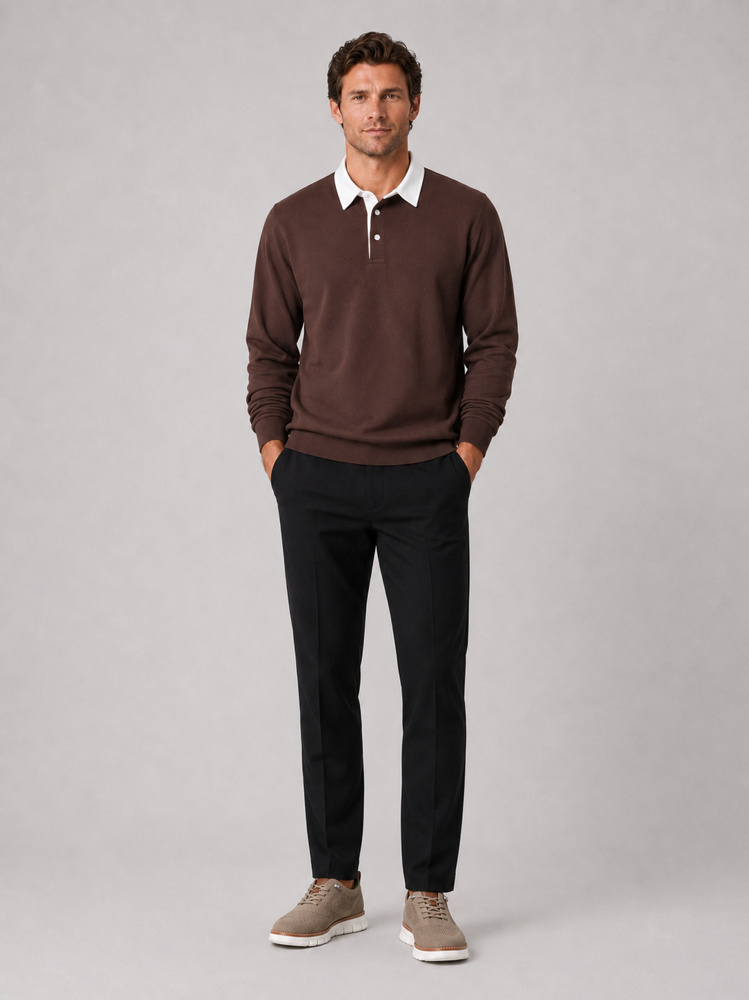 Brown rugby polo shirt for men long sleeve loose fit top for everyday wear