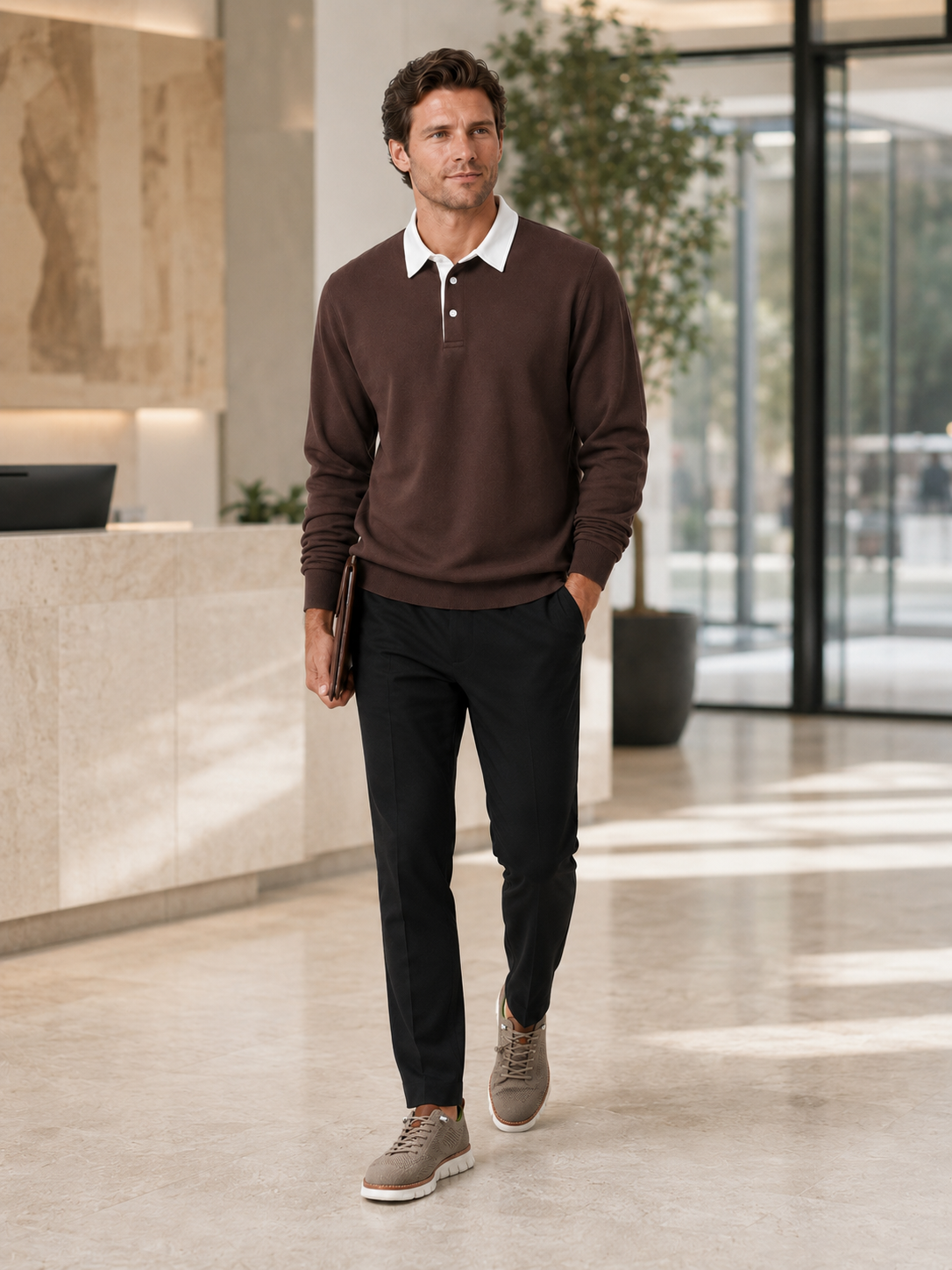 Man styling brown rugby polo shirt in a classic everyday business casual lifestyle outfit