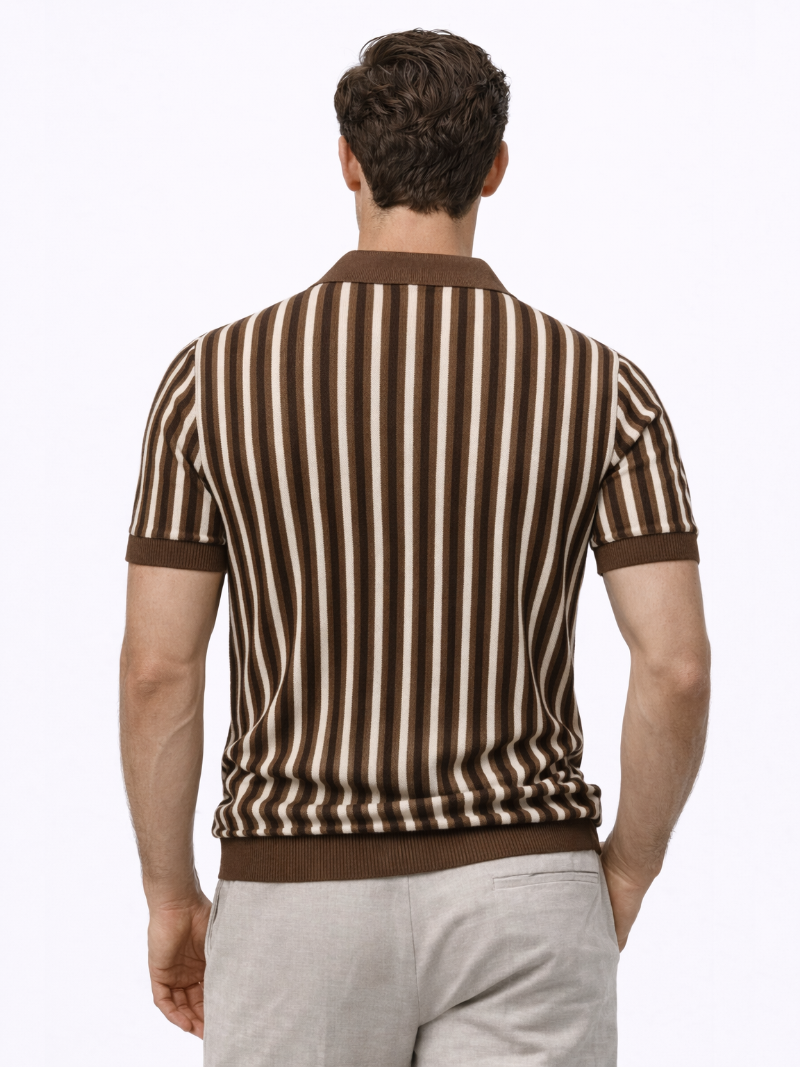 Brown striped knitted polo shirt open collar soft breathable fabric refined everyday outfit