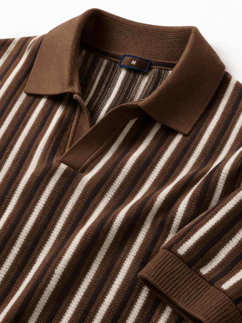 Men’s brown striped knit polo open collar lightweight comfortable summer casual wear
