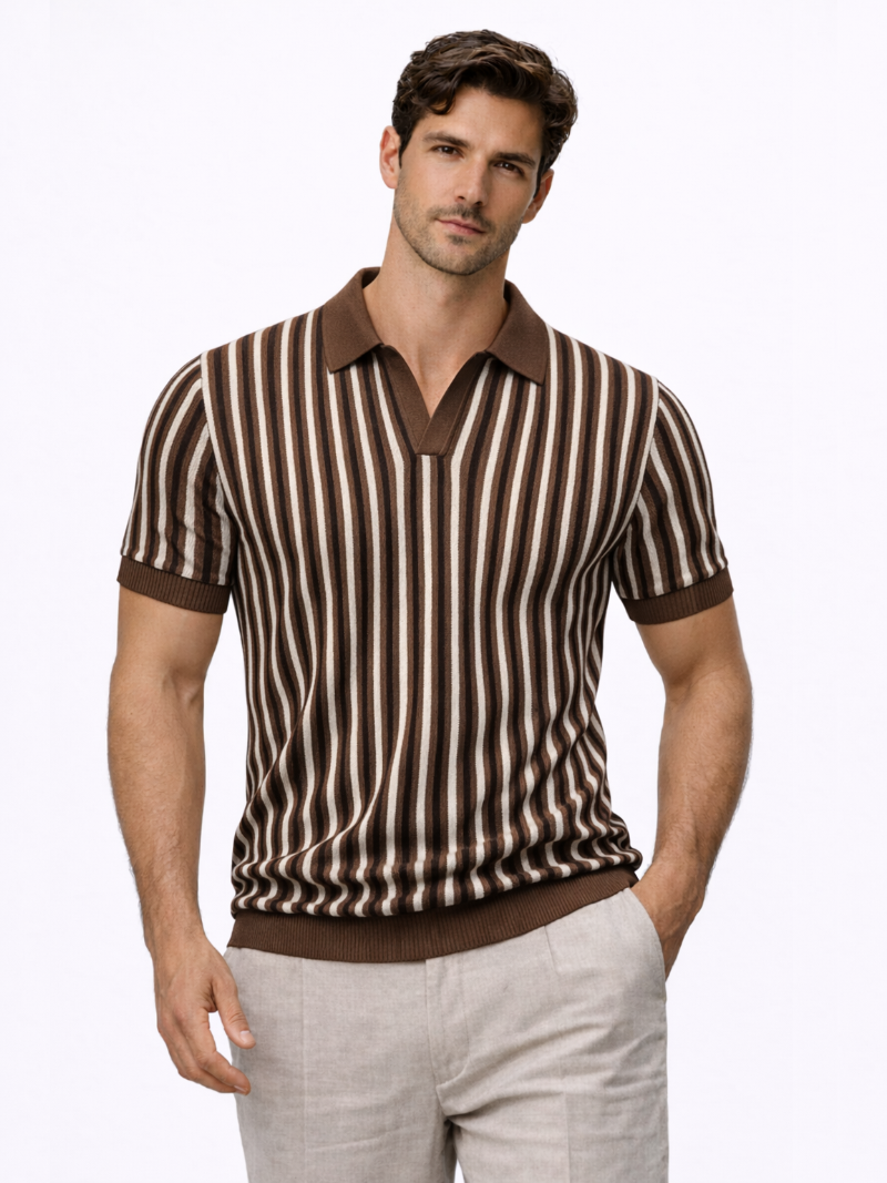 Men wearing brown striped knitted polo open collar lightweight breathable soft casual style