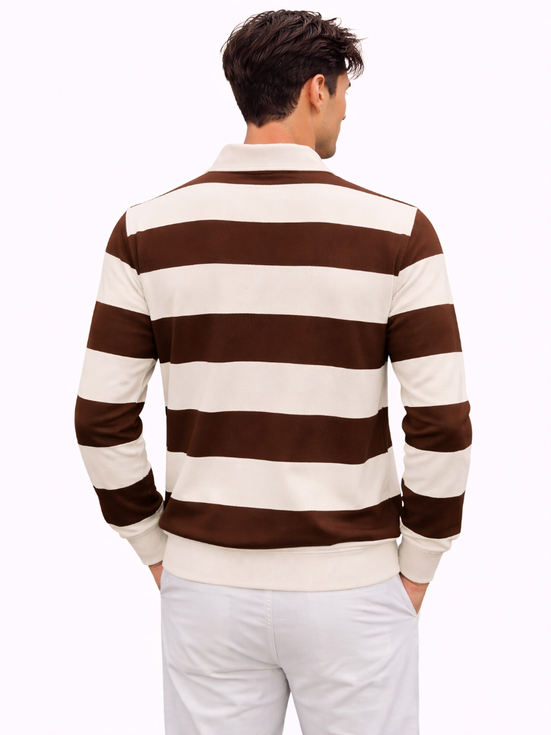 Men’s brown and white striped long sleeve rugby polo shirt with timeless design and structured collar, styled on model