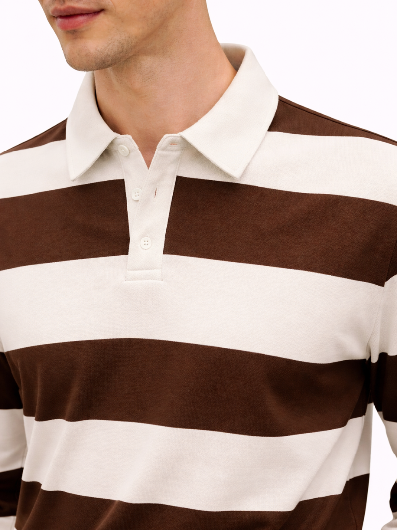 Brown and white striped men’s long sleeve rugby polo shirt with relaxed fit and everyday comfort, shown on model