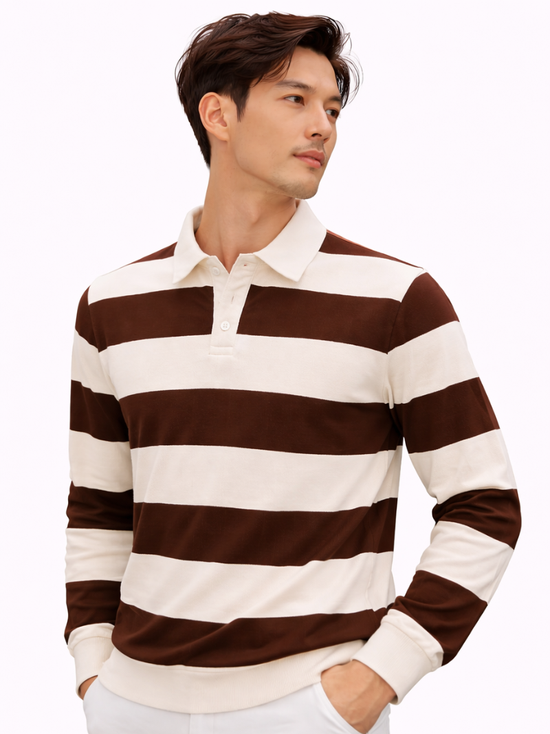 Men’s brown and white striped long sleeve rugby polo shirt with classic style, worn by model