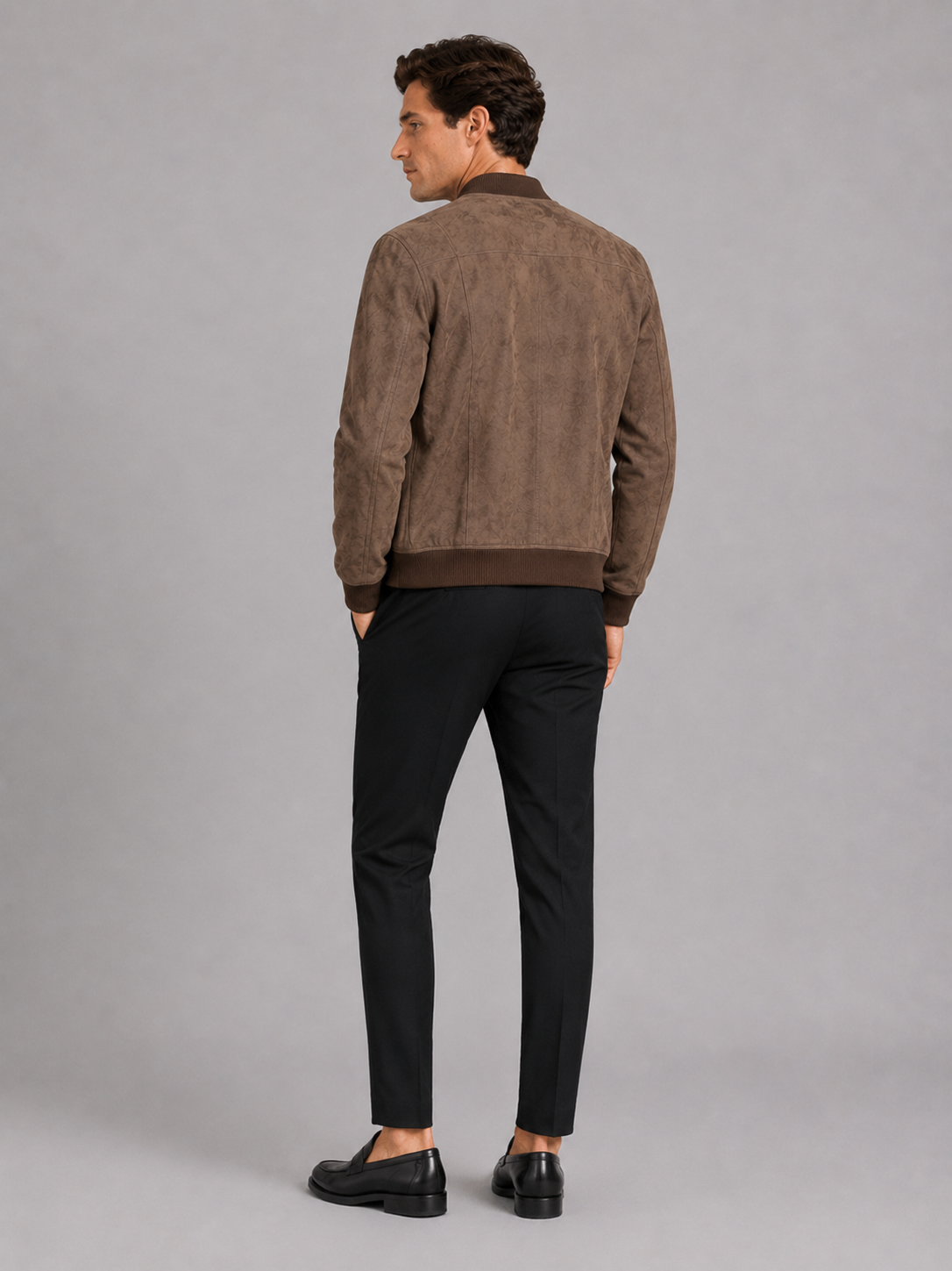 Men’s brown suede bomber jacket comfortable fall layer for casual and smart casual outfits
