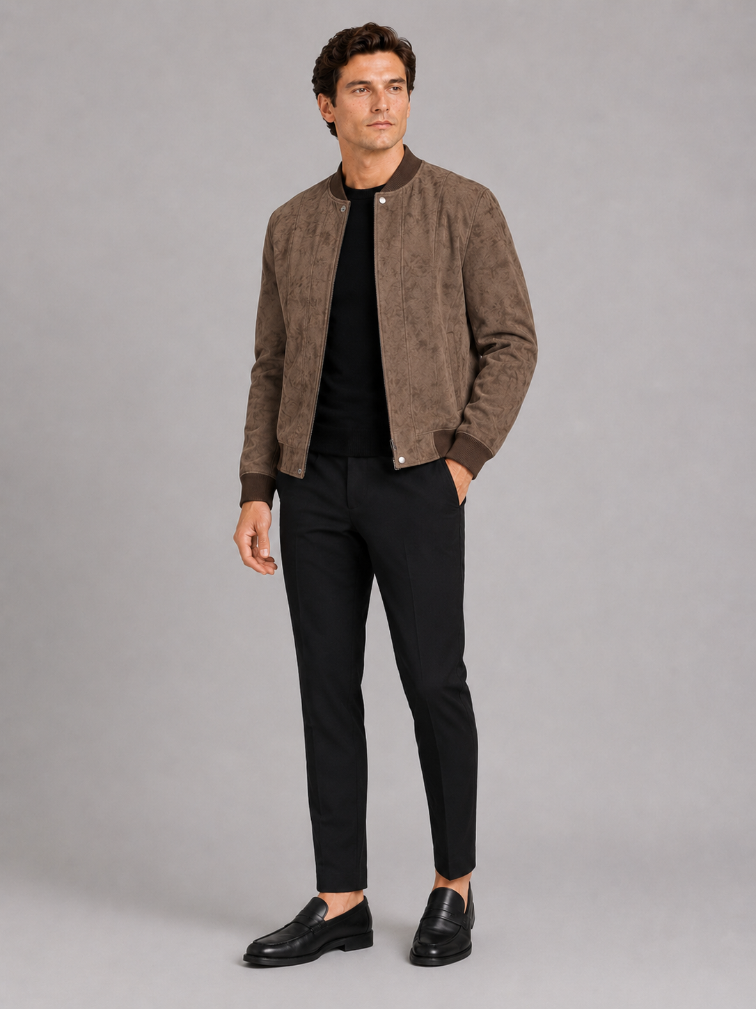 Brown suede moto jacket for men lightweight windproof outerwear for travel and everyday wear