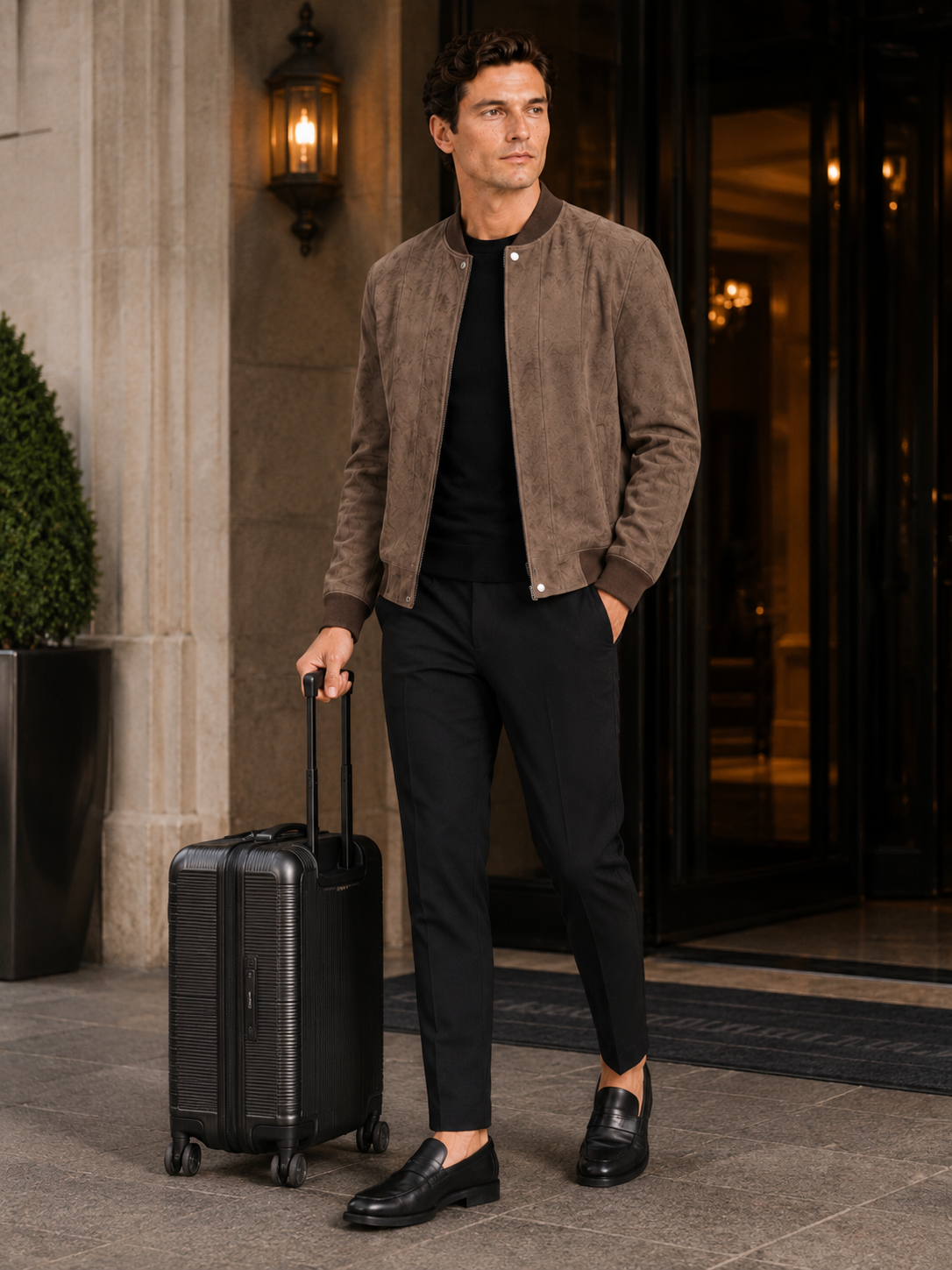 Man styling brown suede bomber jacket in a refined travel and everyday lifestyle outfit