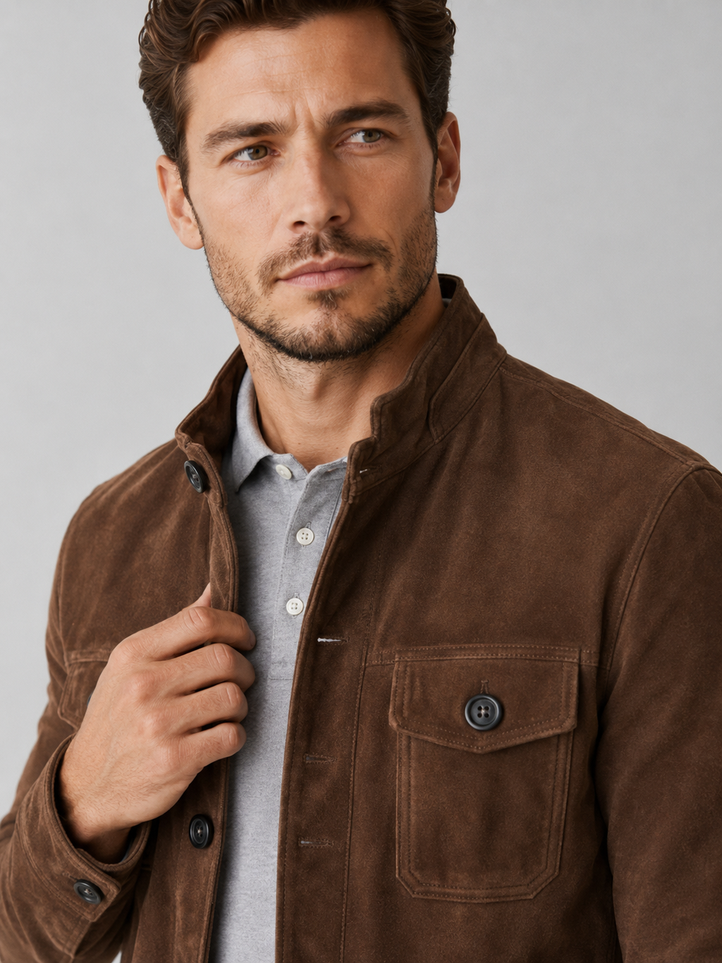 Close up of brown suede chore jacket showing soft brushed texture, button front, and utility pocket detail