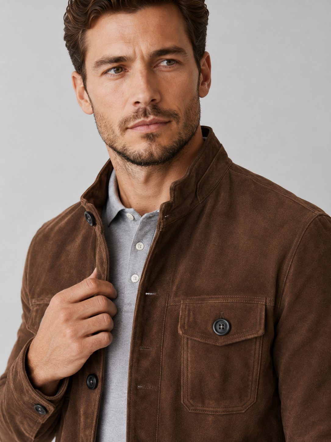 Close up of brown suede chore jacket showing soft brushed texture, button front, and utility pocket detail