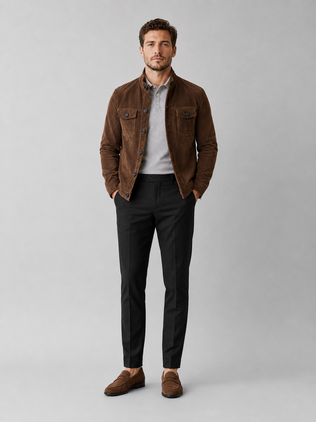Brown suede chore jacket for men casual fall outerwear for daily wear and outdoor use