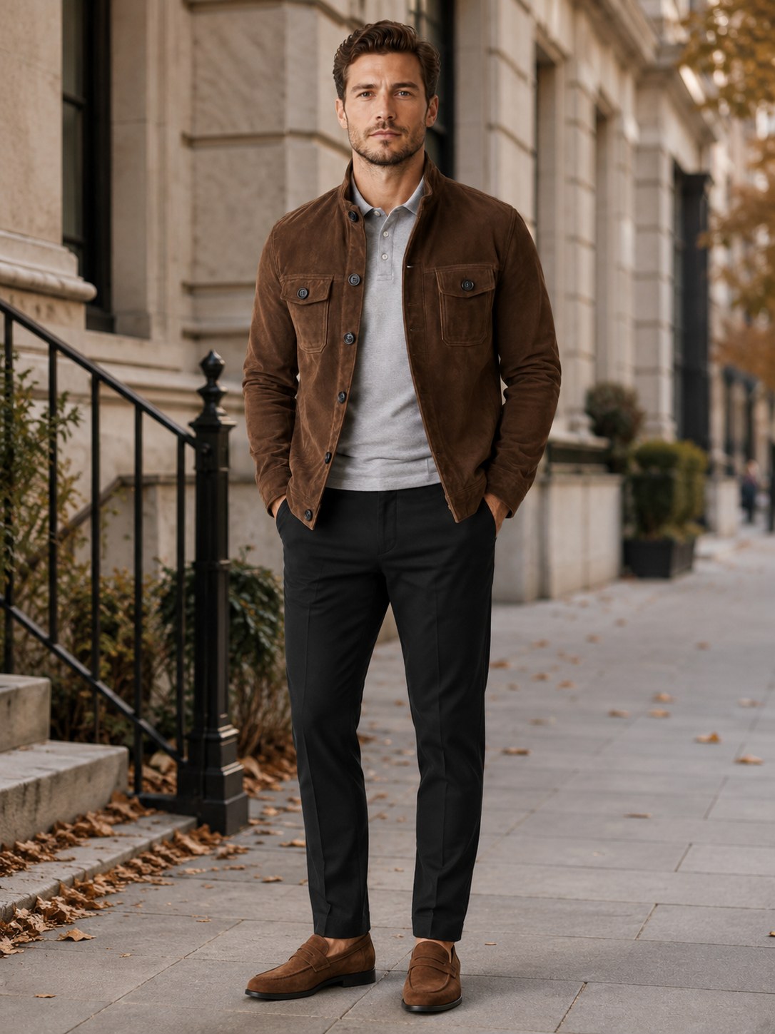 Man styling brown suede chore jacket in a rugged everyday streetwear lifestyle outfit