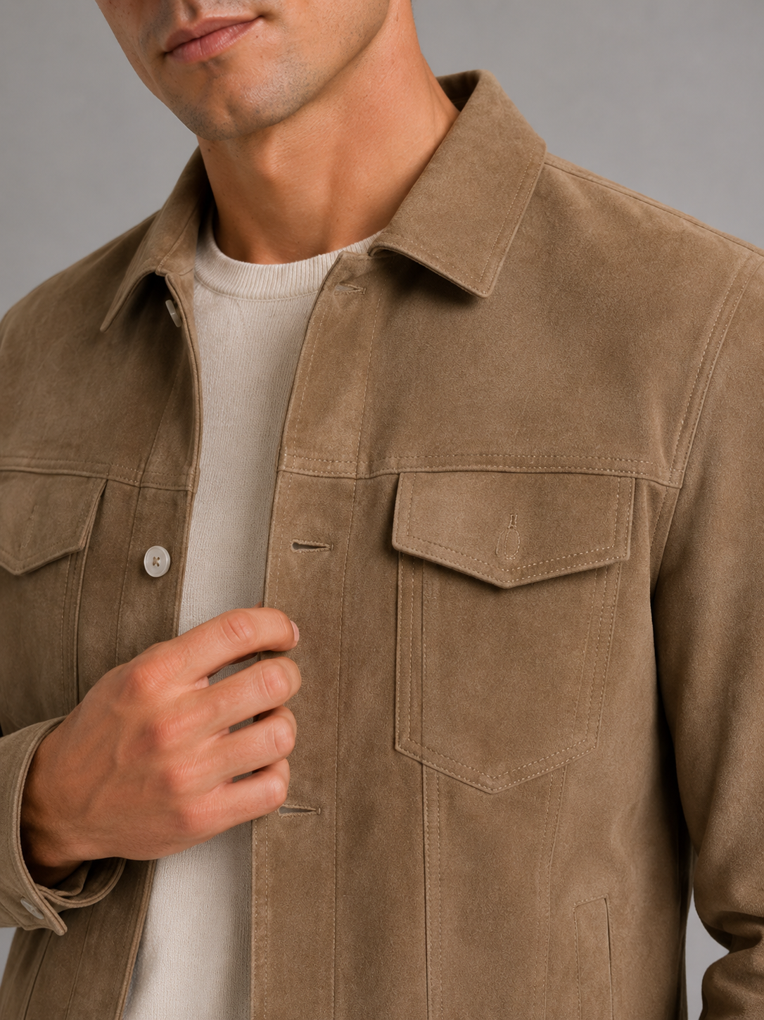 Close up of brown suede jacket showing soft texture and refined collar detail