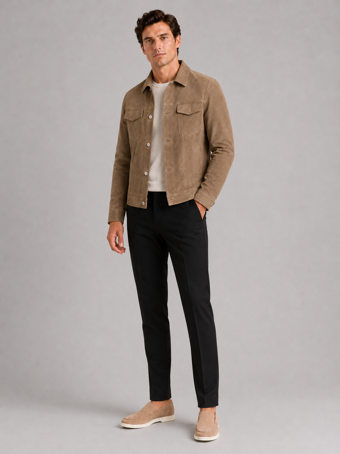 Brown suede jacket for men slim fit lightweight outerwear for everyday fall wear