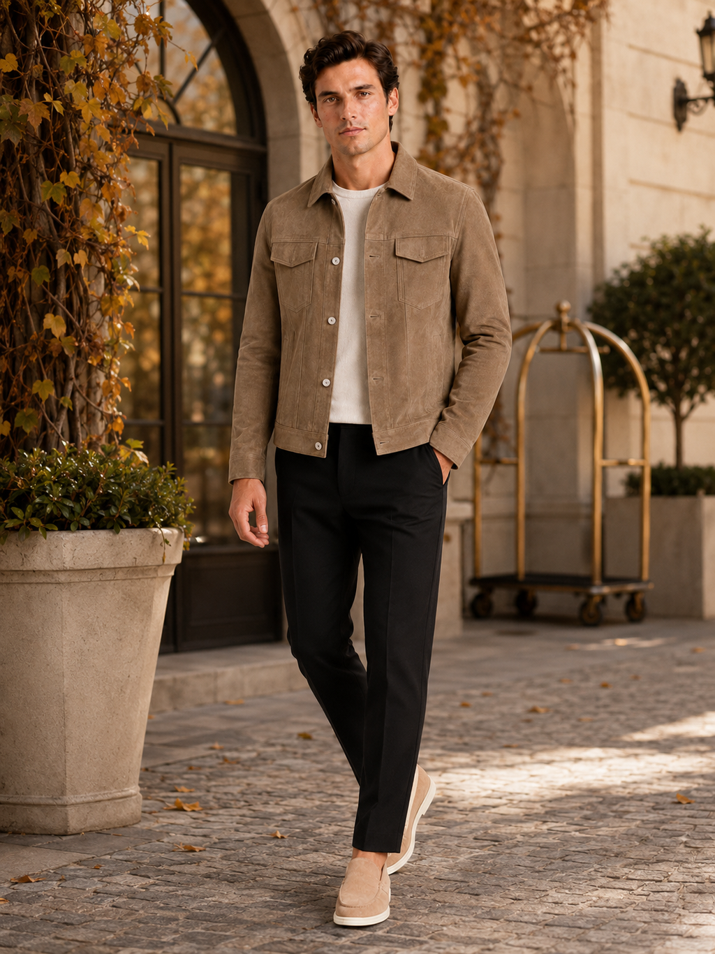 Man styling brown suede fall jacket in a refined everyday lifestyle outfit