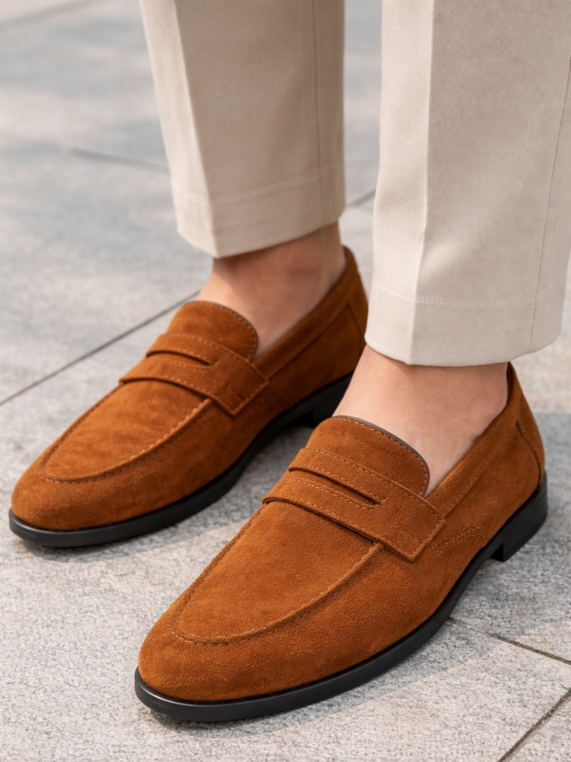 Men wearing brown suede leather loafers lightweight slip on driving shoes soft comfortable classic style