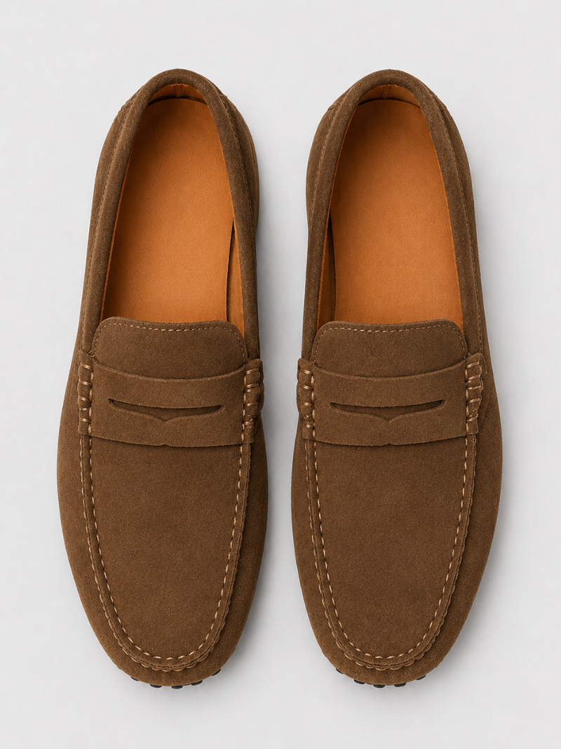 Men’s brown suede loafers handmade slip on moccasins soft comfortable smart casual footwear