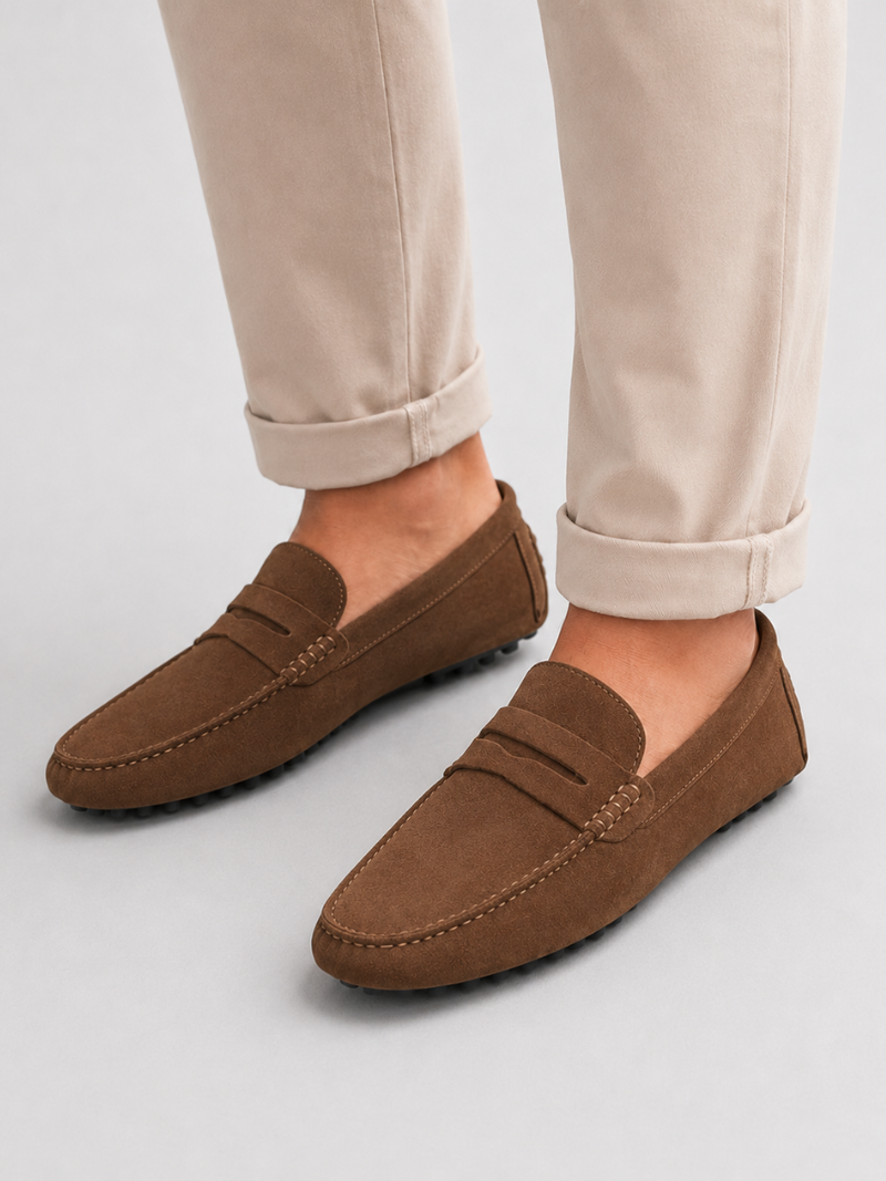 Men wearing brown suede penny loafers handmade leather slip on driving shoes for smart casual wear