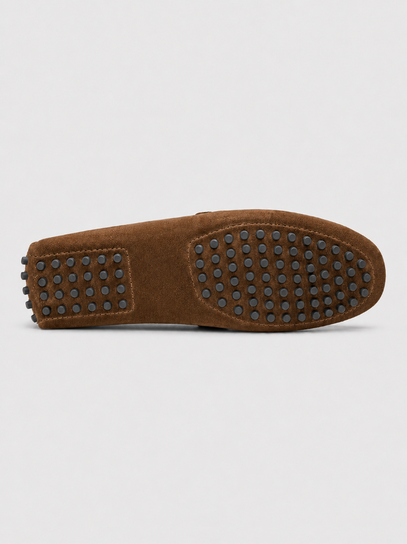 Brown suede penny loafers lightweight driving shoes refined moc toe style for everyday wear