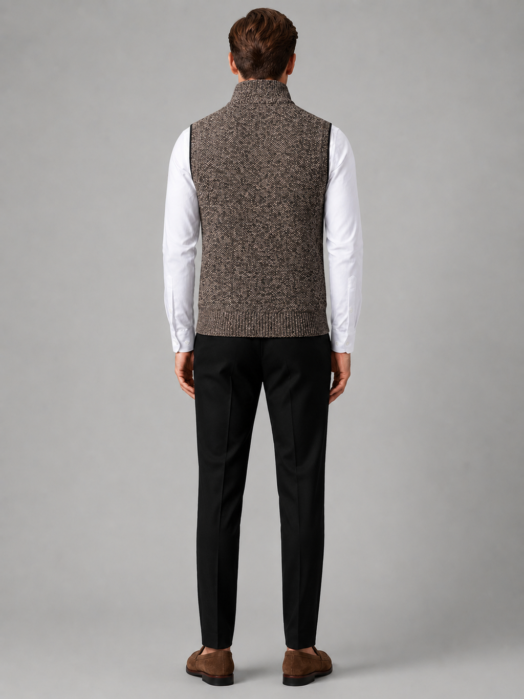 Men’s brown stand collar sweater vest comfortable sleeveless knit layer for office and casual outfits
