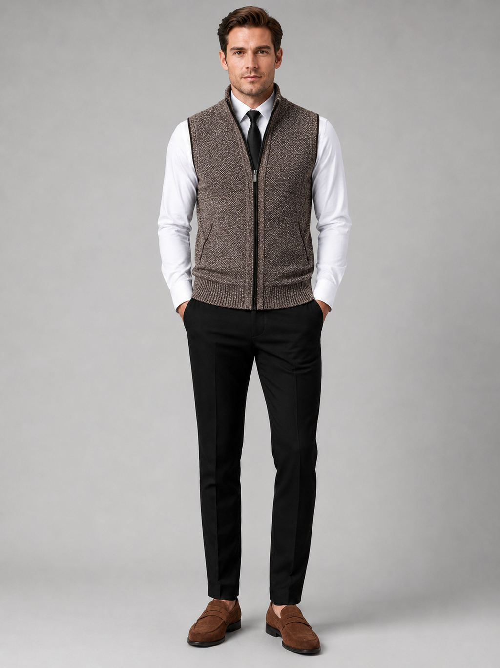 Brown full zip sweater vest for men slim fit knit layer for business casual and everyday wear