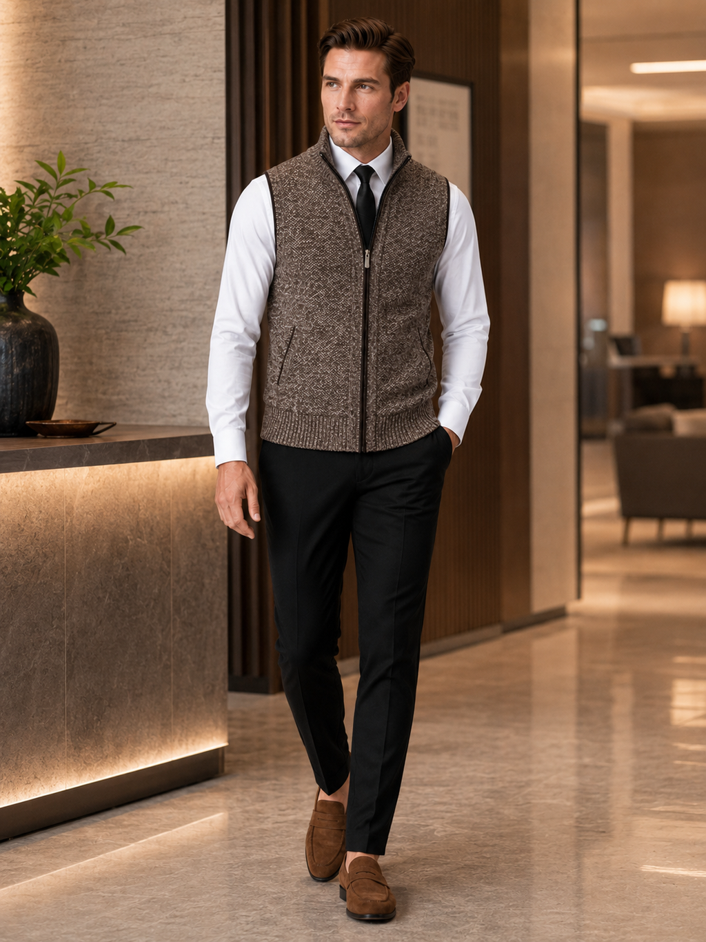 Man styling brown full zip sweater vest in a refined business casual and everyday lifestyle outfit