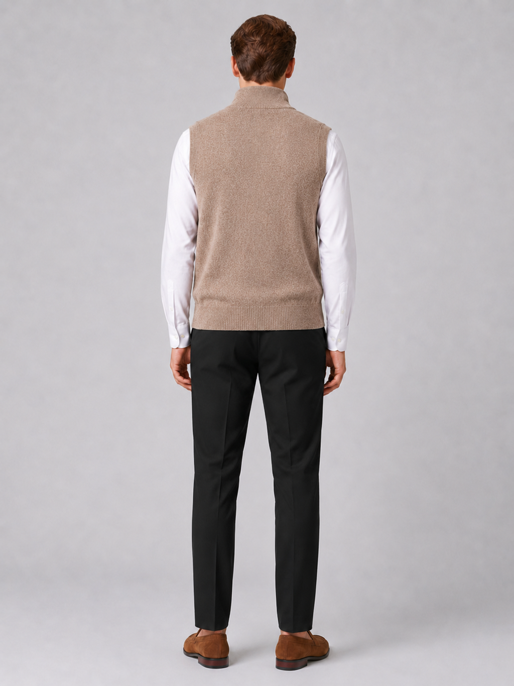 Men’s brown mock neck sweater vest comfortable sleeveless knit layer for office and casual outfits