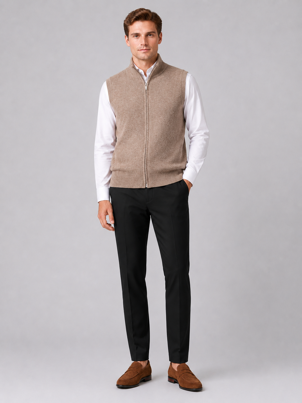 Brown full zip sweater vest for men warm knit layer for business casual and everyday wear