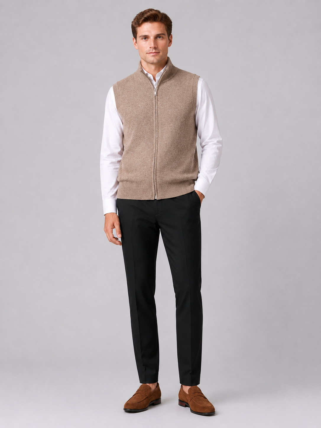 Brown full zip sweater vest for men warm knit layer for business casual and everyday wear