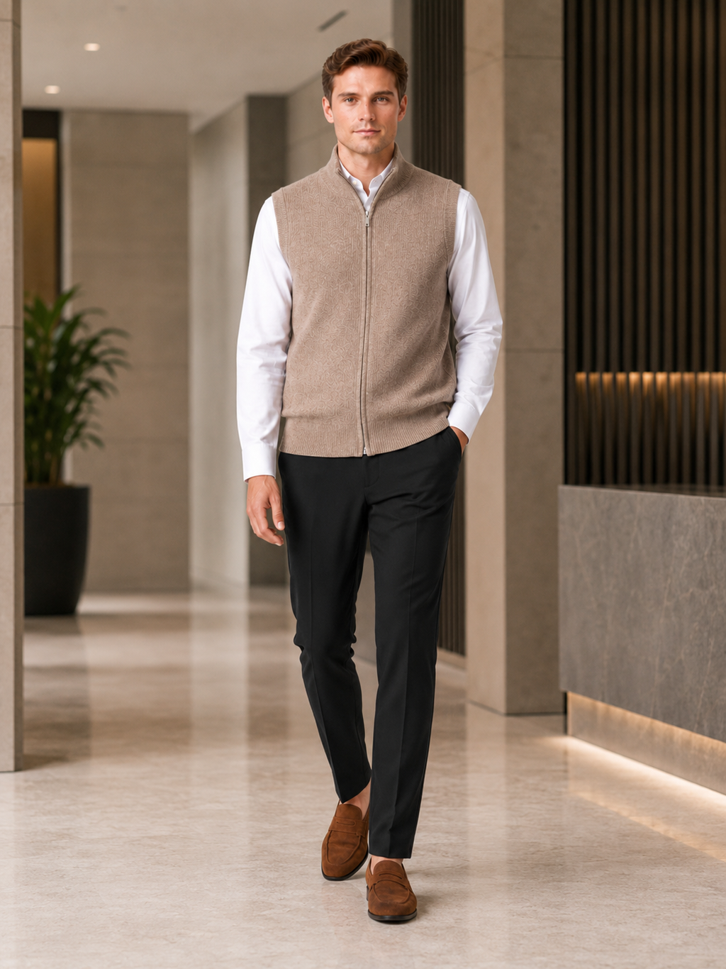Man styling brown full zip sweater vest in a refined business casual and everyday lifestyle outfit