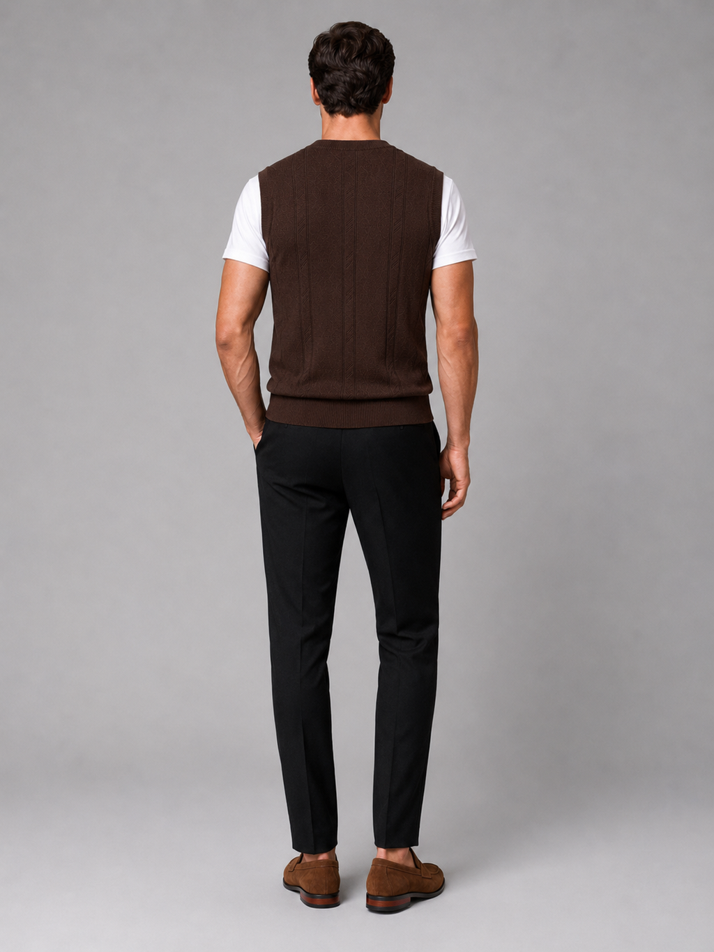 Men’s brown knit sweater vest comfortable fall winter layer for office and casual outfits