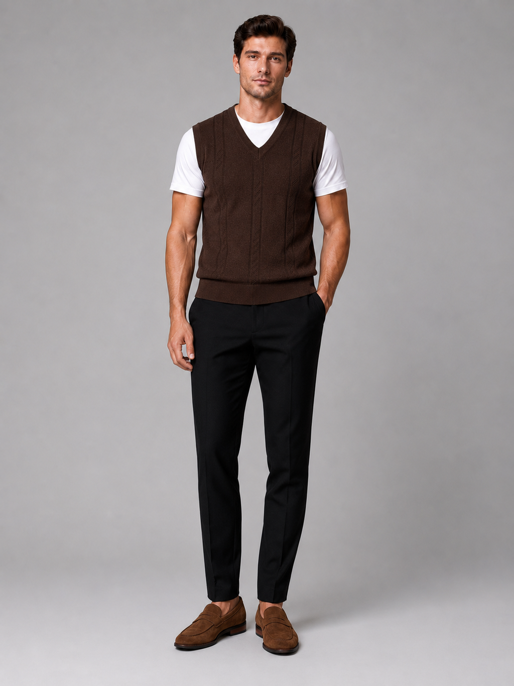 Brown sleeveless sweater vest for men warm knit layer for everyday wear